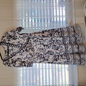 Hekka, Blue & White V-Neck Short Sleeve with Side Zipper Dress, Size: XL